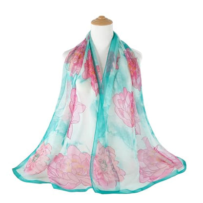 E-Clover Women Soft Floral Print Shawl Chiffon Sheer Scarf - color: Teal Pink-01