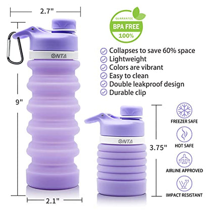ONTA Collapsible BPA Free Silicone Water Bottle, 20oz - Portable, Leakproof, Easy Clean, Shatter Resistant, Travel Friendly - color: Purple, size: 18.6 Ounces