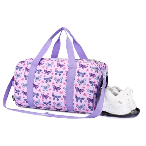 Girls Overnight Duffle Bag,RAVUO Cute Butterfly Kids Sport Gym Bag with Shoe Compartment, Carry On Weekender Travel Bag for Teens - color: Butterfly