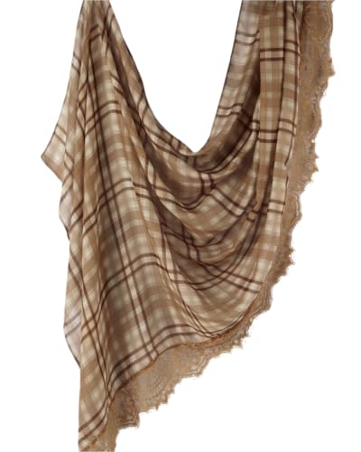 JUMISEE Elegant Floral Lace Hijab Scarf for Women Soft Cotton Head Wrap Instant Hijab Long Scarves Evening Dress Shawl - color: Khaki Plaid Pattern