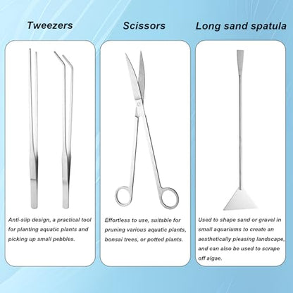 7 Pcs Aquarium Aquascape Tools Kit, Stainless Steel Aquatic Plant Aquascaping Set with Straight/Curved Long Tweezers Scissors Spatula Algae Scraper & 2 Replacement Heads Fish Tank Cleaning Kit