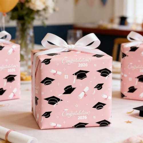 Cuitpan 2026 Graduation Wrapping Paper - 4 Jumbo Sheets,28x40 Inches, Pink Cap & White Diploma Design, Gift Wrap for Graduates, Graduation Parties, Seniors, School Events - color: Pink-Graduation