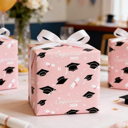 Cuitpan 2026 Graduation Wrapping Paper - 4 Jumbo Sheets,28x40 Inches, Pink Cap & White Diploma Design, Gift Wrap for Graduates, Graduation Parties, Seniors, School Events - color: Pink-Graduation