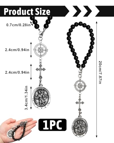 1 Pc St Christopher Car Rearview Mirror Decor Medal, Black Cross Hanging Car Rosary Charm, Travel Protection Charm
