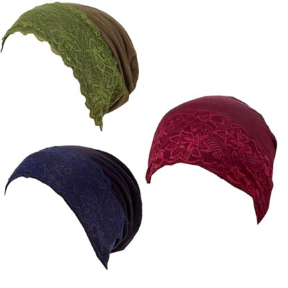 Lucky staryuan® 3 Pack Lace Hijab UnderCap for Women, Non Slip Hijab Cap, Islamic Muslim Under Scarf for Women - color: Army Green Navy Blue Wine Red