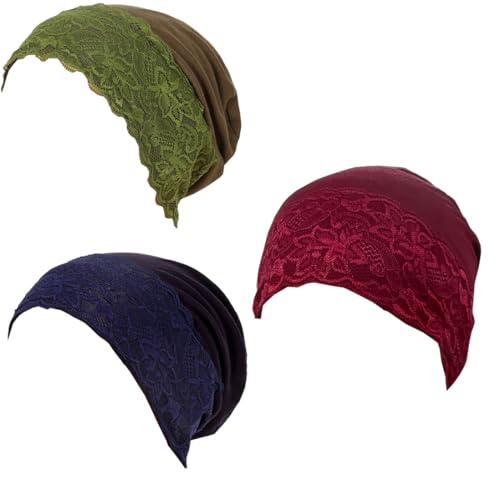 Lucky staryuan® 3 Pack Lace Hijab UnderCap for Women, Non Slip Hijab Cap, Islamic Muslim Under Scarf for Women - color: Army Green Navy Blue Wine Red