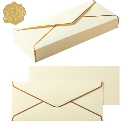 100 Pack #10 Business Envelopes with Gold Stickers, Cream Color | Self Seal Standard Envelopes with Gold Border, 4 1/8 x 9 1/2 Inches, For Office, Checks, Letter Mailing, Invoices - color: Cream Color