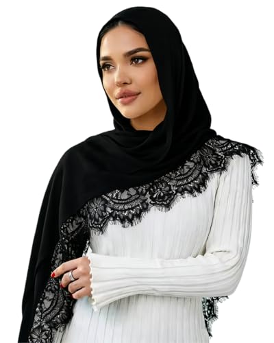 JUMISEE Elegant Floral Lace Hijab Scarf for Women Soft Cotton Head Wrap Instant Hijab Long Scarves Evening Dress Shawl - color: Black With Black Lace Trim