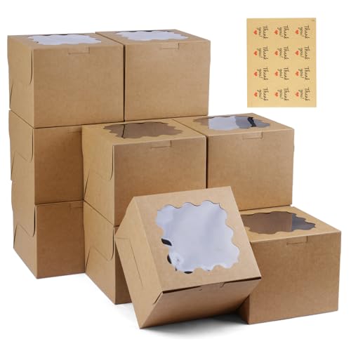 WINKIO 12 Pieces Cookie Boxes with Window, Treat Boxes for Bakery Dessert Pastry Mini Cake Favor Donut Baked Goods (with Stickers) (brown, 6×6×5 inches) - color: brown, size: 6×6×5 inches