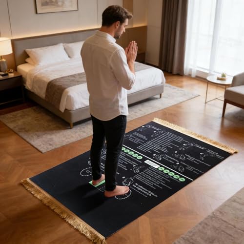Guided Prayer Mat, Read in English and Say It in Arabic, Non-Slip Educational, Guided Prayer Mat for Salah and Meditation (Black) - color: Black