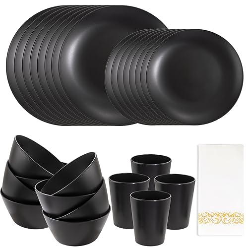 Supernal 57pcs Reusable Black Wheat Straw Dinnerware Set Black Dishes for 8 - color: Black with Napkins, size: 32pcs