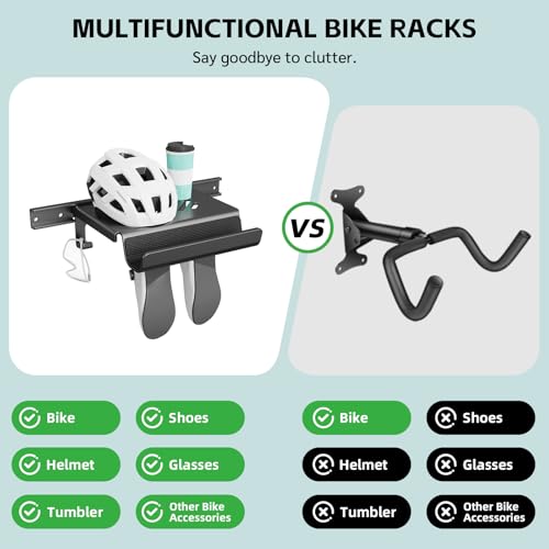 Bike Wall Mount Rack Indoor Bike Storage Garage Bike Rack Wall Mount with Shelf and Hooks Store Your Helmet and Shoes for a Single Road, Mountain or Other Bicycle (Fit Crank Bicycle,16" Stud)