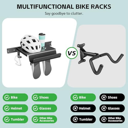 Bike Wall Mount Rack Indoor Bike Storage Garage Bike Rack Wall Mount with Shelf and Hooks Store Your Helmet and Shoes for a Single Road, Mountain or Other Bicycle (Fit Crank Bicycle,16" Stud)