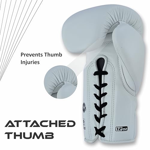 Aura 100 Full Grain Leather Lace Up Boxing Gloves for Men & Women – Professional Training, Sparring, Competition, Muay Thai, Kickboxing & Heavy Bag Gloves - color: White, size: 14 OZ