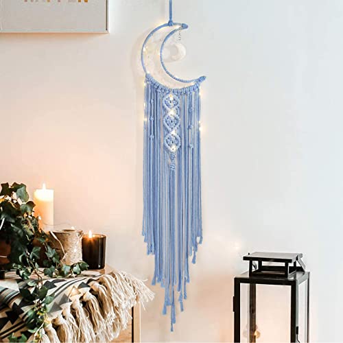 Macrame Wall Hanging Dream Catcher, Blue Boho Moon Star Decor with Tassel - color: Baby Blue, size: Without Light
