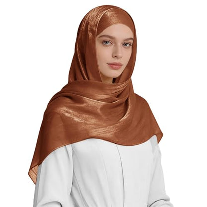 Premium Hijab Head Scarf for Women Lightweight Shimmer Hijab Head Wrap Scarves Crepe Satin Scarf Shawl Wrap - color: Pumpkin