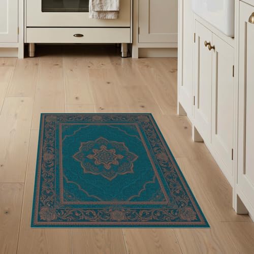 3'x5' Teal Boho Medallion Prayer Design Washable Throw Rug - color: Blue/Pattern 14, size: 3' x 5' (Rectangular)