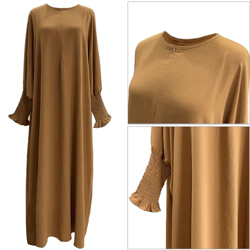 khalat Womens Muslim Prayer Dress Front Zipper Kaftan Islamic Robe Modest Solid Abayas for Women Muslim - color: Khaki