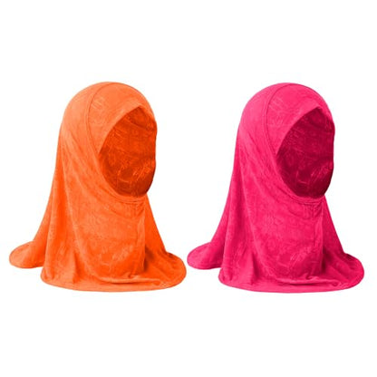 2PCS Girls Hijab Scarf Muslim Kids Amira Instant Hijab Headscarf Flower Head Wrap Scarf Turban for Age 2-6 Years - color: Orange + Rose