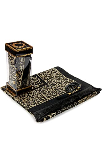 Muslim Prayer Rug and Prayer Beads with Elegant Gift Box | Janamaz | Sajadah | Soft Islamic Prayer Rug | Islamic Gifts Set | Prayer Carpet Mat, Taffeta Fabric, Black - color: Black
