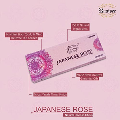 Raajsee Japanese Rose Incense Sticks 100 Gm Pack-100% Pure Organic Natural Hand Rolled Free from Chemicals-for Church,Aromatherapy,Relaxation,Meditation & Sensual Therapy - color: Rose