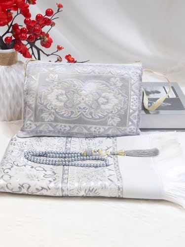 Islamic Travel Prayer mat Mus Portable Prayer Rug Muslim Prayer Mat and Prayer Beads | Janamaz | Sajadah | Soft Islamic Prayer Rugs | Taffeta Fabric 70 * 110 Blue