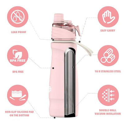 Misting Water Bottle, 24oz Insulated Water Bottle, 2-in-1 Mist & Sip Stainless Steel Water Bottles, Sports Water Bottle for Hiking, Running, Gym - color: Light Pink