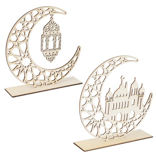 2 Pieces Wood Ramadan Decorations Islamic Eid Mubarak Kareem Table Sign Moon Hollow Star Ornament for Muslim Party Tabletop Decor Home Art Craft Decoration - color: White House