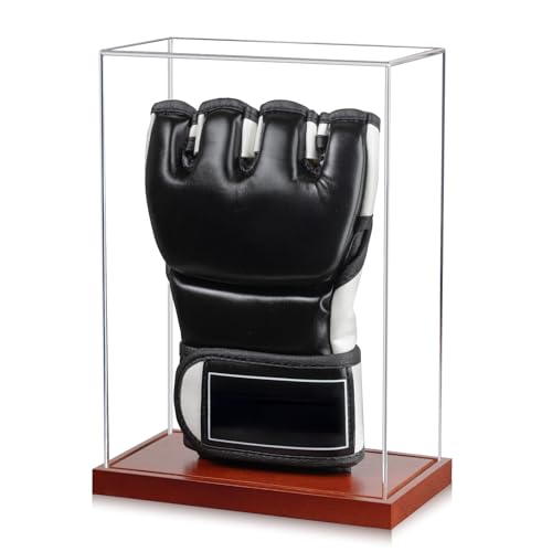 MMA Glove Display Case - No Assembly - Clear Acrylic Showcase with Wood Base, UV Protection Souvenirs and Collectibles Box (MMA Single Glover Holder, Rectangle)