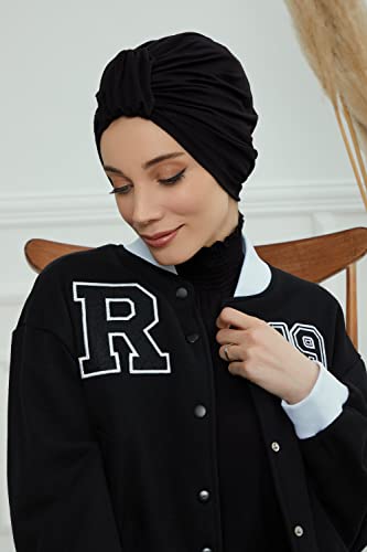 Aisha's Design Instant Turban Plain Cotton Scarf Head Wrap Lightweight Hat Bonnet Cap for Women - color: Black