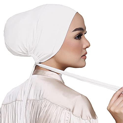Women Under Scarf Hat Hijab Undercap Islamic Muslim Under Scarf Hijab Cap with Tie-Back Closure - color: White+light Khaki(2pcs)
