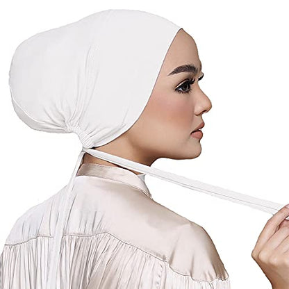 Women Under Scarf Hat Hijab Undercap Islamic Muslim Under Scarf Hijab Cap with Tie-Back Closure - color: White+pink