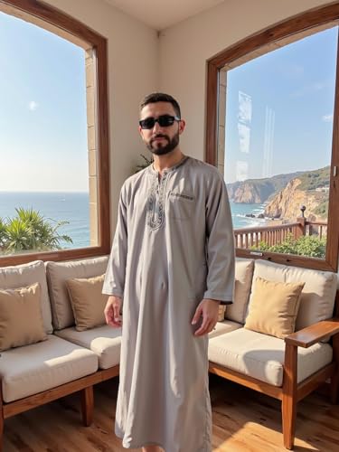 HOMELEX Men's Muslim Clothes Thobe Middle East Kaftan Saudi Arab Caftans Islamic Abaya Dress Dubai Robes - color: Gray, size: X-Large