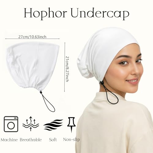 Women's Adjustable Elastic Drawstring Hijab Undercap, Soft Stretchy Jersey Underscarf Hijab Liner Hat - color: White