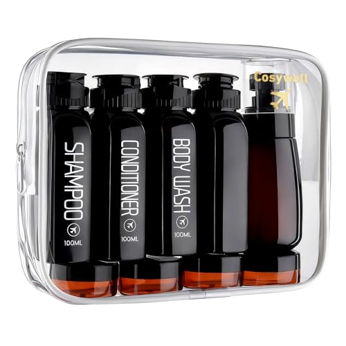 Cosywell Travel Bottles for Toiletries 10PCS 100ml/3.4oz Pre-Printed Shampoo, Conditioner & Body Wash TSA Approved 2oz Spray Bottle Leakproof 0.35oz Plastic Cream Jars Refillable Cream Lotion(Black) - color: Black, style: A-3.4oz-Black-3label1blank