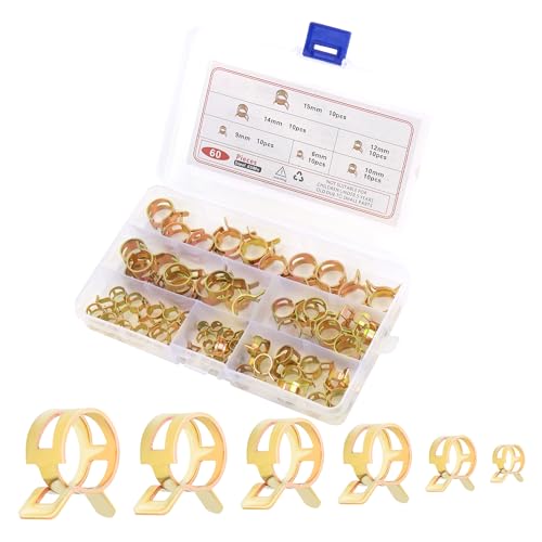Spring Hose Clamp Assortment Kit,6 Size Fuel Line Clamp for Fastening Vacuum Line,Silicone Tubing,Hose Pipe & Spring Clamps,Universal Small Hoses Clamps Car Accessories (60PCS)