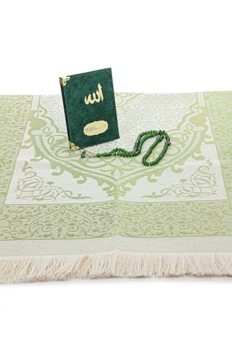 ihvan online Taffeta Fabric Muslim Prayer Rug, Velvet Covered Yaseen Surah Pocket Size Book, Prayer Beads Set with Kraft Boxed, Dowry Box for Men & Women, Islamic Ramadan Eid & Wedding Gifts, Green - color: Green