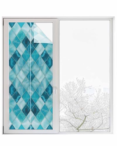 Window Privacy Film Teal Blue Diamond Window Clings for Glass Windows Modern Geometric Lines Windows Film Static Cling Frosted Windows Sticker Covering for Bathroom Living Room Office 29.5"x78.7" - size: 29.5"x78.7"
