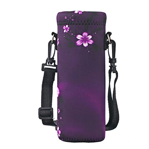 Neoprene Water Bottle Carrier Bag with Adjustable Shoulder Strap,Insulated Water Bottle Cover for Stainless Steel/Glass/Plastic Bottles - color: Purple Flowers, size: 500ml