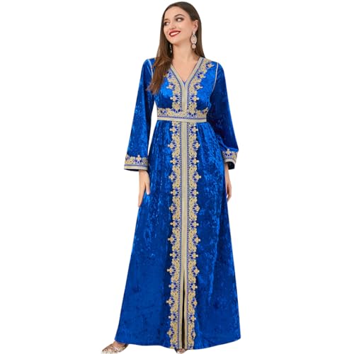 IDOPIP Muslim Women Velvet Dress Embroidery Abayas Long Sleeve V-Neck Moroccan Maxi Kaftan Dubai Robe Arabic Islamic Clothing - color: Royal Blue, size: Medium