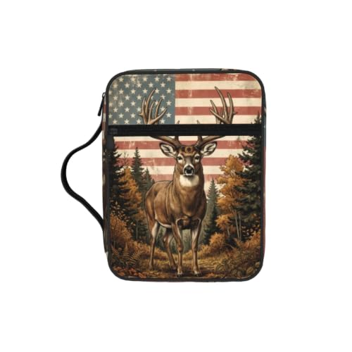 American Flag Hunting Deer Bible Cover Case with Handle and Zippered Pocket - color: American Flag Hunting Deer