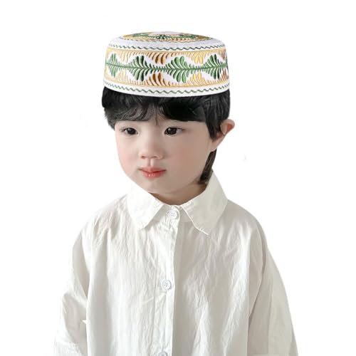 Kids Boys Muslim Prayer Kufi Hat Islamic Prayer Cap Embroidered Prayer Headwear Cap Praying Skull Cap Topi Ramadan Eid Hat - color: Yellow-medium