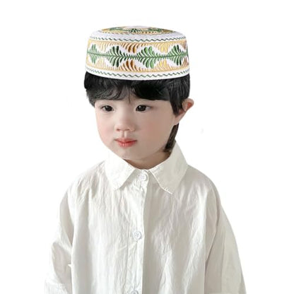Kids Boys Muslim Prayer Kufi Hat Islamic Prayer Cap Embroidered Prayer Headwear Cap Praying Skull Cap Topi Ramadan Eid Hat - color: Yellow-medium