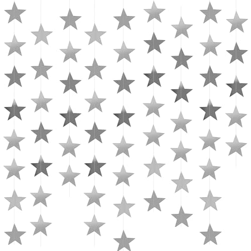 Yzurbu Silver Star Garland, 78 Feet Double Side Hanging Sparkly Paper Star Banner Decorations for Birthday Wedding Engagement Baby Shower Christmas Thanksgiving Halloween - size: Silver - 78 Feet