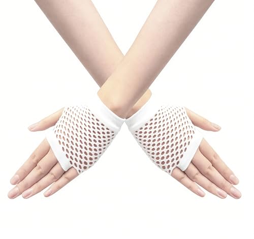 Short Fishnet Gloves for Women Fingerless Mesh Fishing Net Gloves 80s Fish Net Arm Sleeves Halloween Party Cosplay Costume - color: White