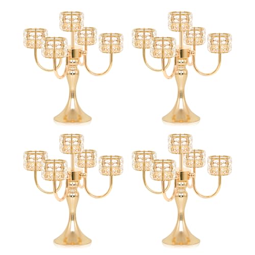 4 Pcs 5 Arm Metal Crystal Candelabra Centerpiece - 13.4 Inch Elegant Candle Holder with Crystal Beads for Wedding Party Christmas Home Dining Table Decoration (Style-B-Gold) - color: Style-b-gold