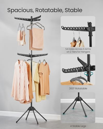 SONGMICS 2단 의류 건조대, 190cm(75.2인치) 접이식 세탁 건조대, 행거용 6개의 회전 가능한 암, 스테인리스 스틸, 옷 54개, 블랙 ULLR514B01 - color: 블랙., style: 2단 행