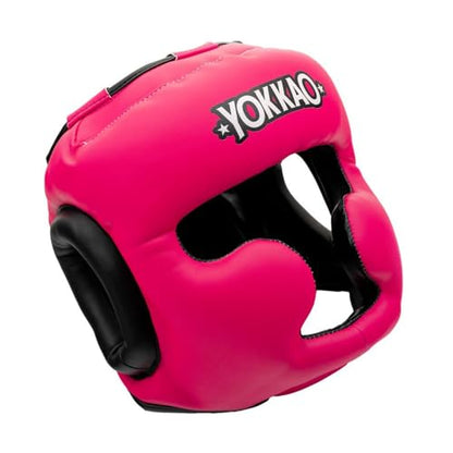 YOKKAO Premium Head Guard | Handmade Genuine Leather Headgear | Ideal for Muay Thai, Boxing, Kickboxing Sparring, Hard Training & Professional Competitions - color: Fuchsia/Black Training, size: Medium