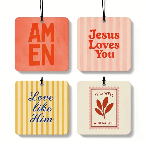 Boho Christian Square Car Air Freshener 4 Pcs Coconut Scented, Inspirational Religious Car Accessories Mirror Decor, Christian Hanging Air Freshener for Cars Closet Drawer Books Kids Room - color: Color-22(Square)