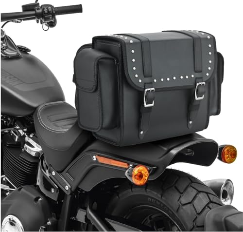 Black Motorcycle Sissy Bar Bag 22.9L Fits Harley Davidson, Indian, Yamaha & Suzuki Motorcycles Synthetic Leather Universal (Studded) - style: Studded